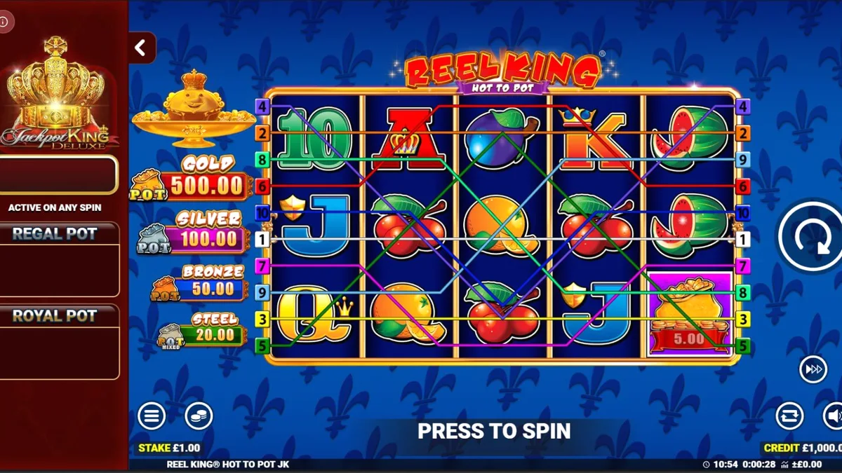 Tampilan visual slot Reel King: Hot to Pot dengan nuansa kerajaan dan simbol buah klasik.